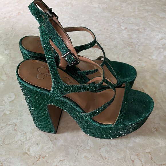 Jessica Simpson Emerald Green Rhinestone Meitini Sz 7.5 Strappy Platform Sandals - Picture 2 of 14